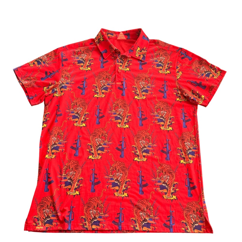 Retro Rifle Tiger Stripe Polo Shirt Mens XL Red Short Sleeve Performance Graphic
